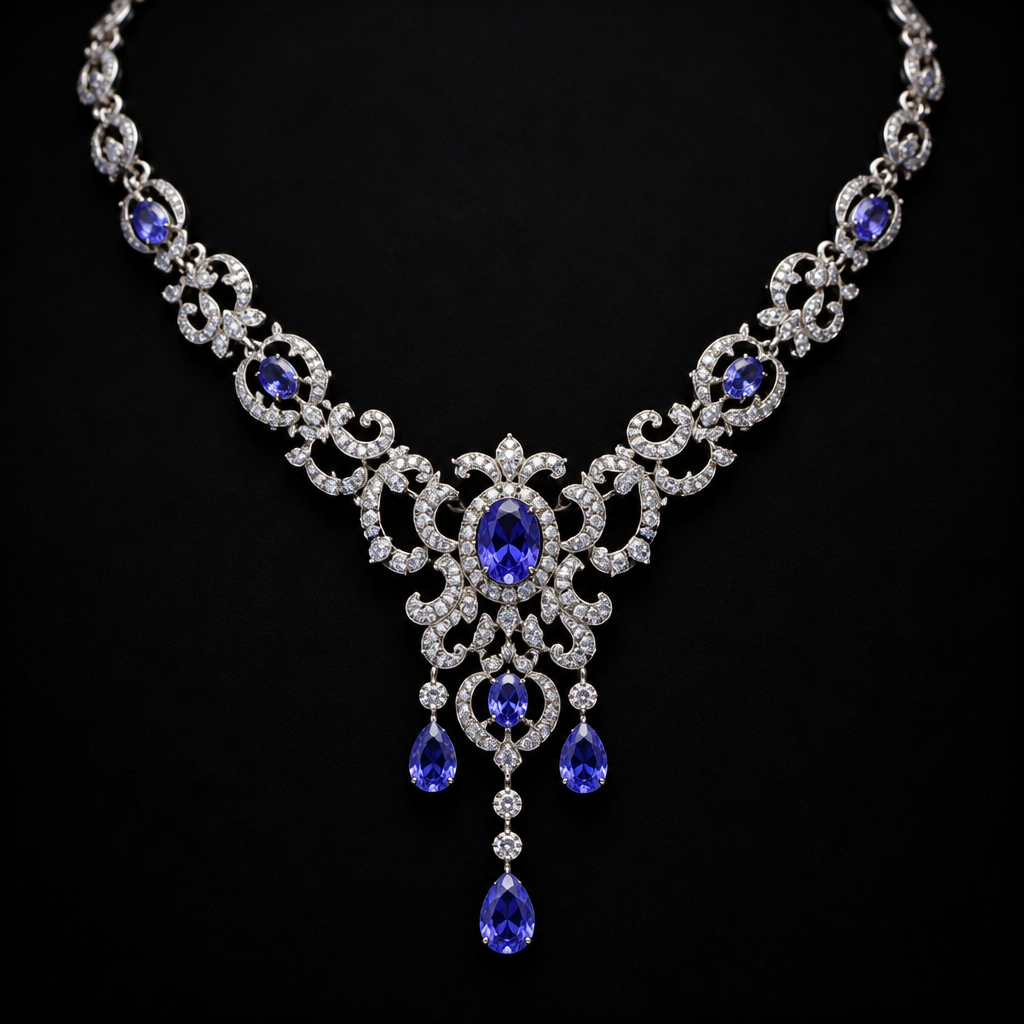 Tanzanite & Diamond Necklace, Black Background, Product Photo
photorealistic fashion design, Tanzanite & Diamond Necklace, Black Background, Product Photo, rococo style, just the design no text