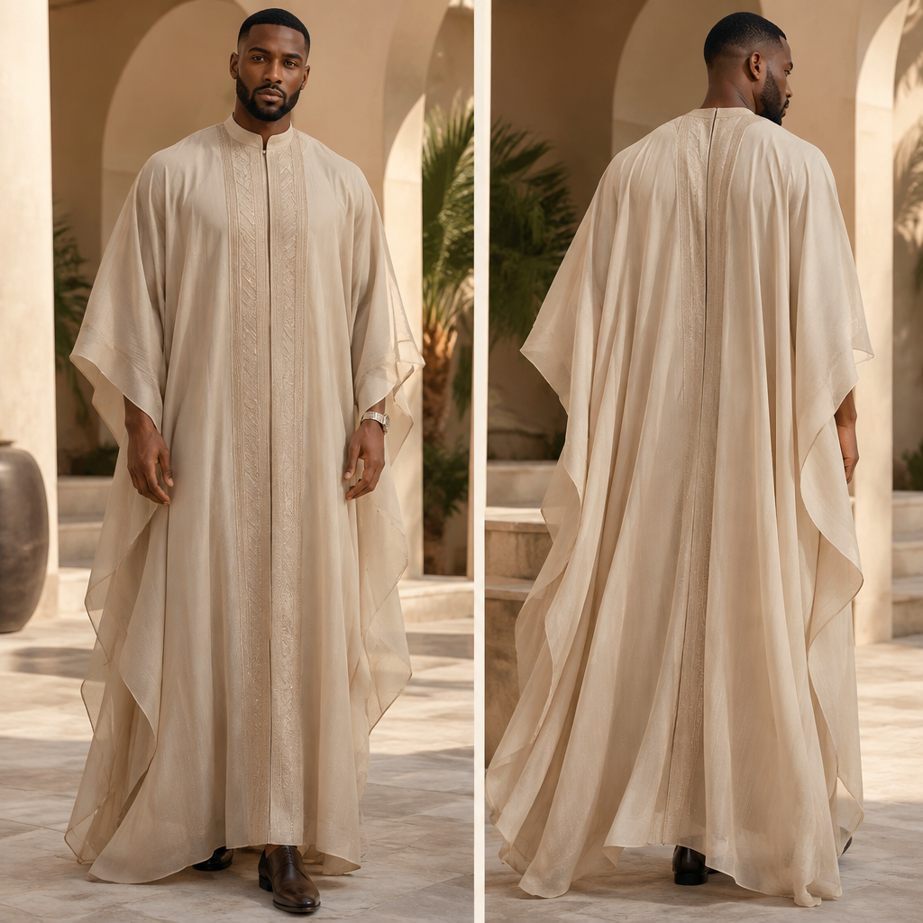 A Unisex Kaftan design, made of Chiffon, with a crisp, structured drape, with a Tailored silhouette, with modest, full coverage: longer hemlines, higher necklines and covered shoulders, in a Neutrals color palette, for Formal, suited to a Tropical climate, in Glamorous style, shown on a model with brown skin and an athletic build. Nigeria fashion aesthetics. Present it as professional fashion catalogue photography: the garment is the subject, shown full-length with editorial styling, neutral posing and tasteful, non-suggestive framing.
photorealistic fashion design, A Unisex Kaftan design, made of Chiffon, with a crisp, structured drape, with a Tailored silhouette, with modest, full coverage: longer hemlines, higher necklines and covered shoulders, in a Neutrals color palette, for Formal, suited to a Tropical climate, in Glamorous style, shown on a model with brown skin and an athletic build. Nigeria fashion aesthetics. Present it as professional fashion catalogue photography: the garment is the subject, shown full-length with editorial styling, neutral posing and tasteful, non-suggestive framing., glamorous style, just the design no text