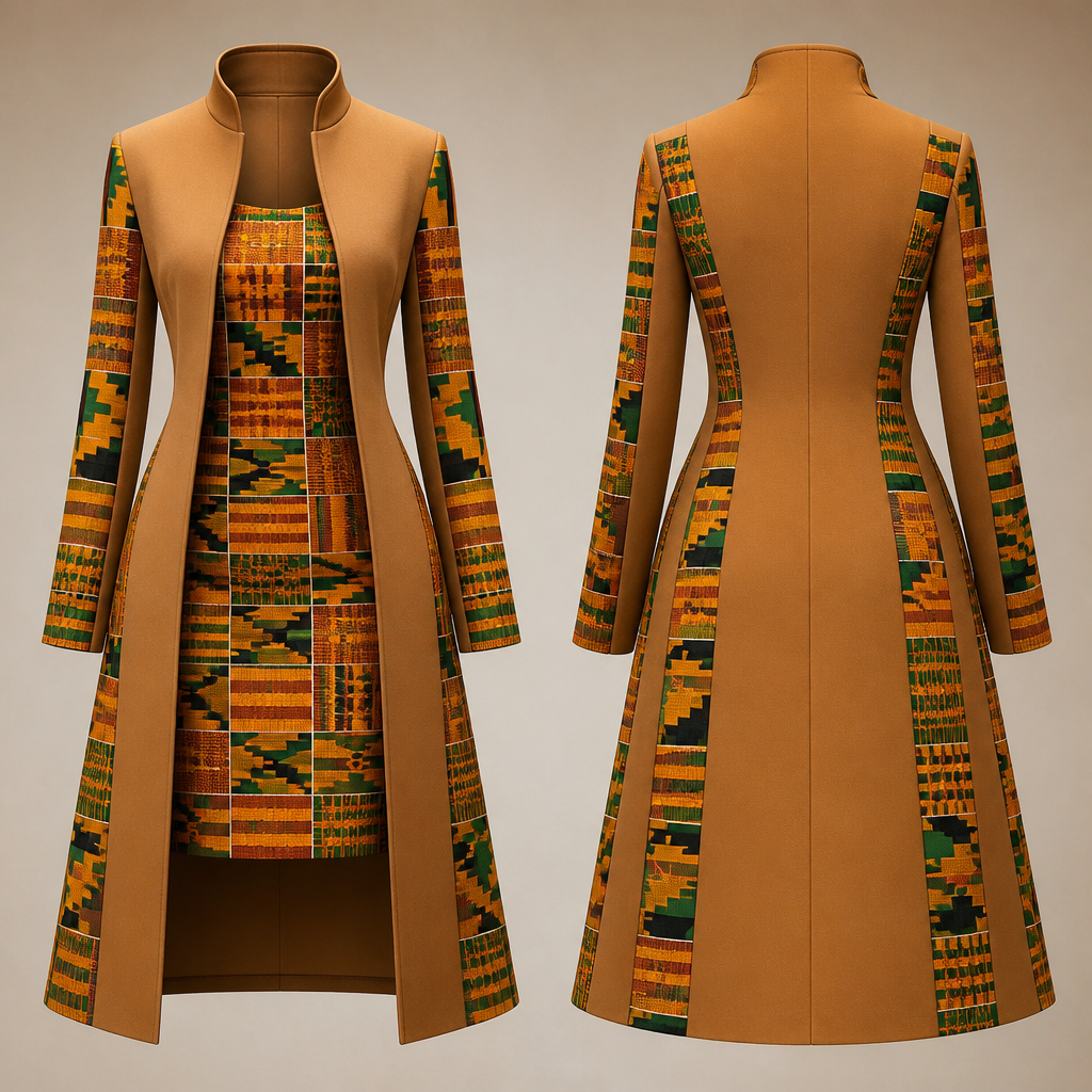 photorealistic fashion design, A Coat design. Ghana fashion aesthetics., just the design no text, show front and back. Refinement: add a short straight fitting dress with no hands
photorealistic fashion design, photorealistic fashion design, A Coat design. Ghana fashion aesthetics., just the design no text, show front and back. Refinement: add a short straight fitting dress with no hands , just the design no text