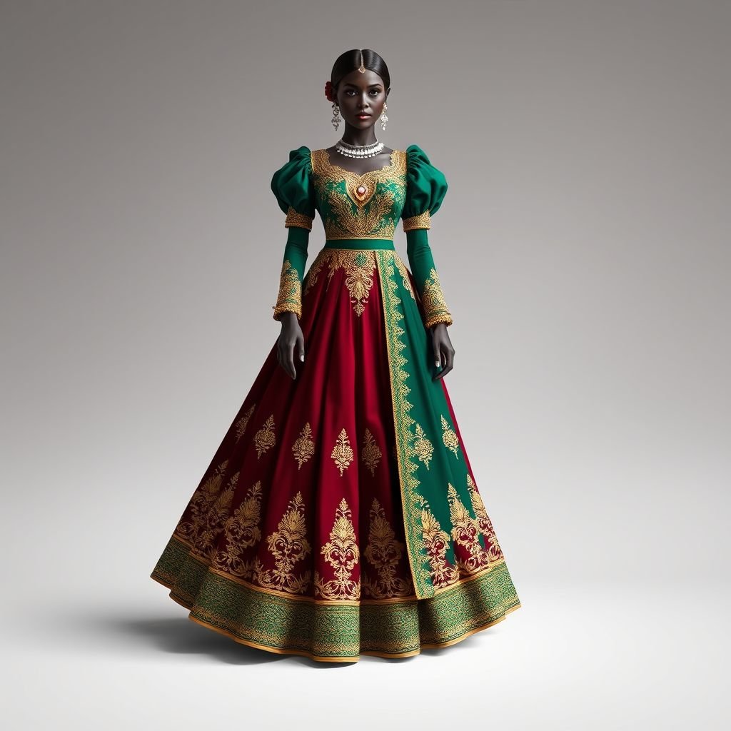 Anarkali long frock
Design an opulent Anarkali long frock inspired by Baroque elegance, featuring lavish gold embroidery, intricate lace detailing, and dramatic puff sleeves. The luxurious fabric drapes gracefully, embellished with pearl accents and rich, royal hues of deep burgundy and emerald green. Complete the look with a majestic pleated skirt and ornate accessories.