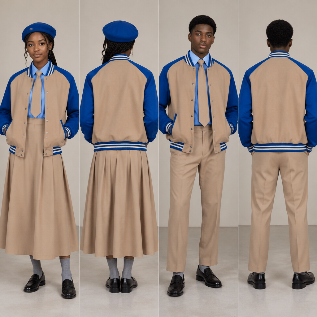 A Male Top design, with modest, full coverage: longer hemlines, higher necklines and covered shoulders, suitable for Spring. Design a light brown baseball jacket with blue accents and blue shoulder panels. No writings on it. For bothering male and female. Use black teenagers as models.
A fit and flare dress top half blue and bottom half light brown, almost reaching ankles. A blue barrett, light brown tie and grey socks fot the female.
A light brown relaxed trouser, reaching ankles. A blue shirt, light brown tie and grey socks for the male.
Nice school shoes for both. Both must be wearing baseball jacket. Use cobalt blue. South Africa fashion aesthetics. Present it as professional fashion catalogue photography: the garment is the subject, shown full-length with editorial styling, neutral posing and tasteful, non-suggestive framing.
photorealistic fashion design, A Male Top design, with modest, full coverage: longer hemlines, higher necklines and covered shoulders, suitable for Spring. Design a light brown baseball jacket with blue accents and blue shoulder panels. No writings on it. For bothering male and female. Use black teenagers as models.
A fit and flare dress top half blue and bottom half light brown, almost reaching ankles. A blue barrett, light brown tie and grey socks fot the female.
A light brown relaxed trouser, reaching ankles. A blue shirt, light brown tie and grey socks for the male.
Nice school shoes for both. Both must be wearing baseball jacket. Use cobalt blue. South Africa fashion aesthetics. Present it as professional fashion catalogue photography: the garment is the subject, shown full-length with editorial styling, neutral posing and tasteful, non-suggestive framing., just the design no text, show front and back