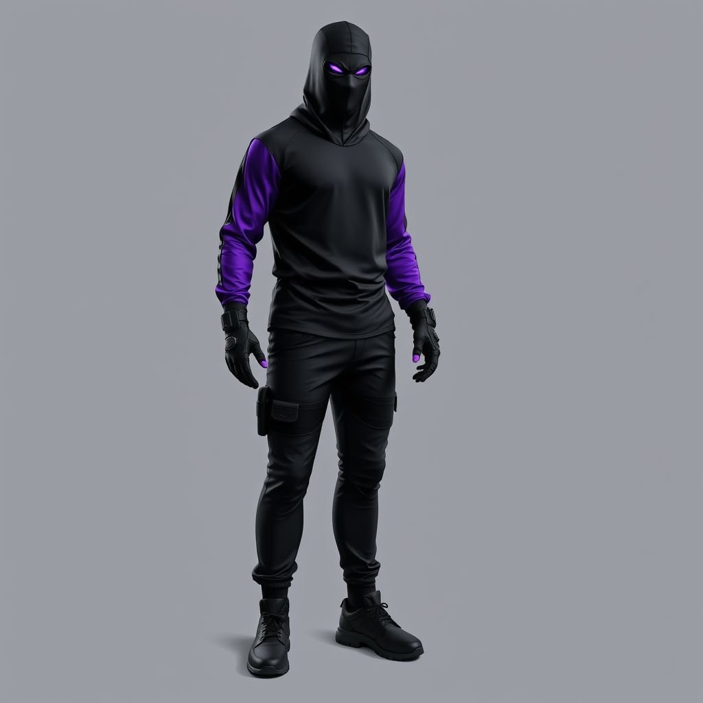 Tactical suit. Long sleeves t shirt. Purple sleeves and black chest. Black long trousers. Black gloves with purple palm of the hands. Sport shoes. Black balaclava with two purple lines perpendicular to the eyes
Design an avant-garde tactical costume featuring a sleek long-sleeve T-shirt with striking purple sleeves merging into a matte black chest. The ensemble includes tapered black trousers, adorned with intricate armor-like details. Complement the look with fitted black gloves showcasing vivid purple palms, dynamic sport shoes, and a dramatic balaclava with bold purple eye lines, enhancing the mysterious allure of a high-fashion warrior.