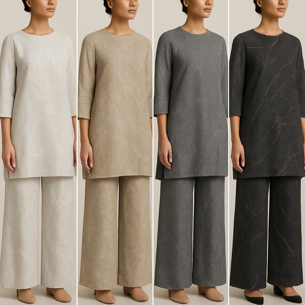 Create a modest luxury two piece linen set big pants and thigh length top, the first of its kind, featuring a unique stone design that exudes a classy and sophisticated vibe. I'd like four designs, each showcasing different styles and fabrics. Incorporate high-end, unique chic stone designs to make them truly special. In plain colors
Create a modest luxury two piece linen set big pants and thigh length top, the first of its kind, featuring a unique stone design that exudes a classy and sophisticated vibe. I'd like four designs, each showcasing different styles and fabrics. Incorporate high-end, unique chic stone designs to make them truly special. In plain colors