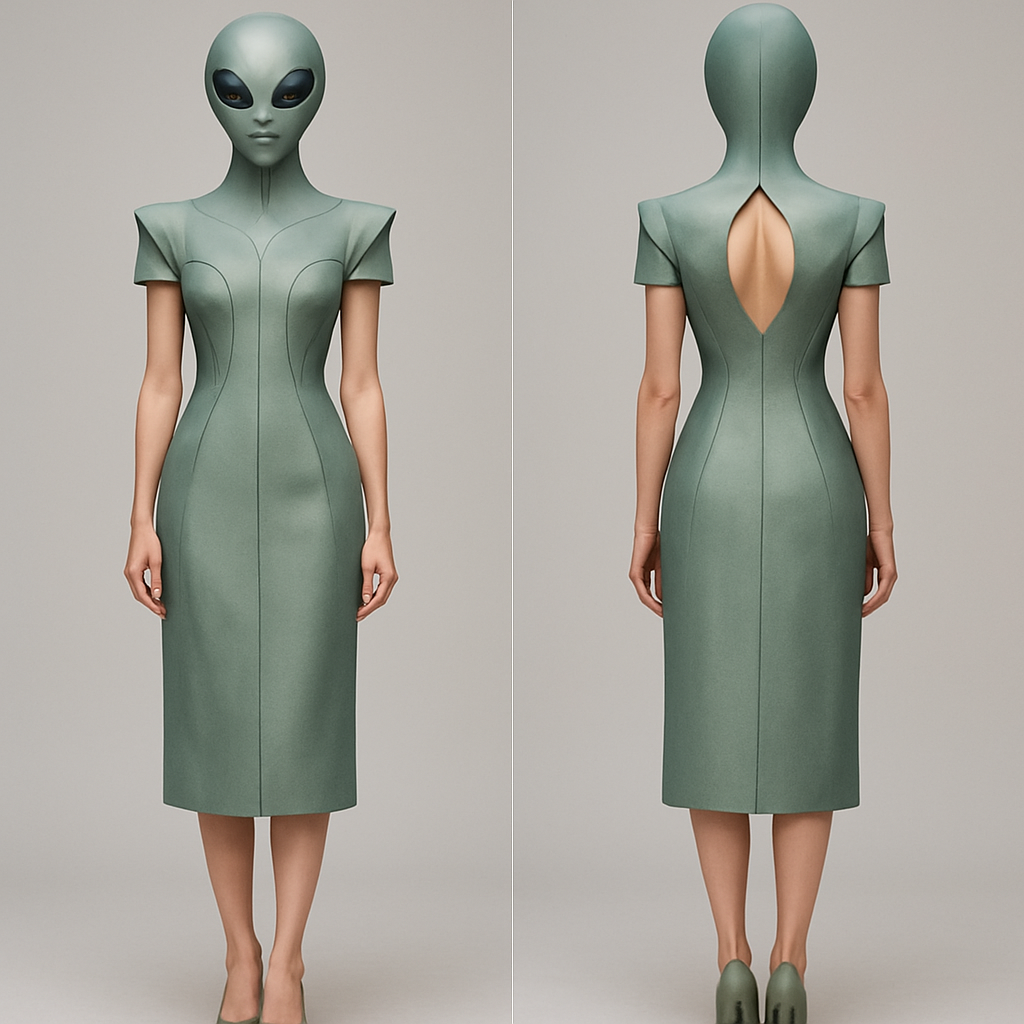 Create me a Women’s Unique Alien wear design dress. It should be a high fashion design. It should be below the knees (mid calf length). Runway designed.
Create me a Women’s Unique Alien wear design dress. It should be a high fashion design. It should be below the knees (mid calf length). Runway designed.
, minimalist style, show front and back