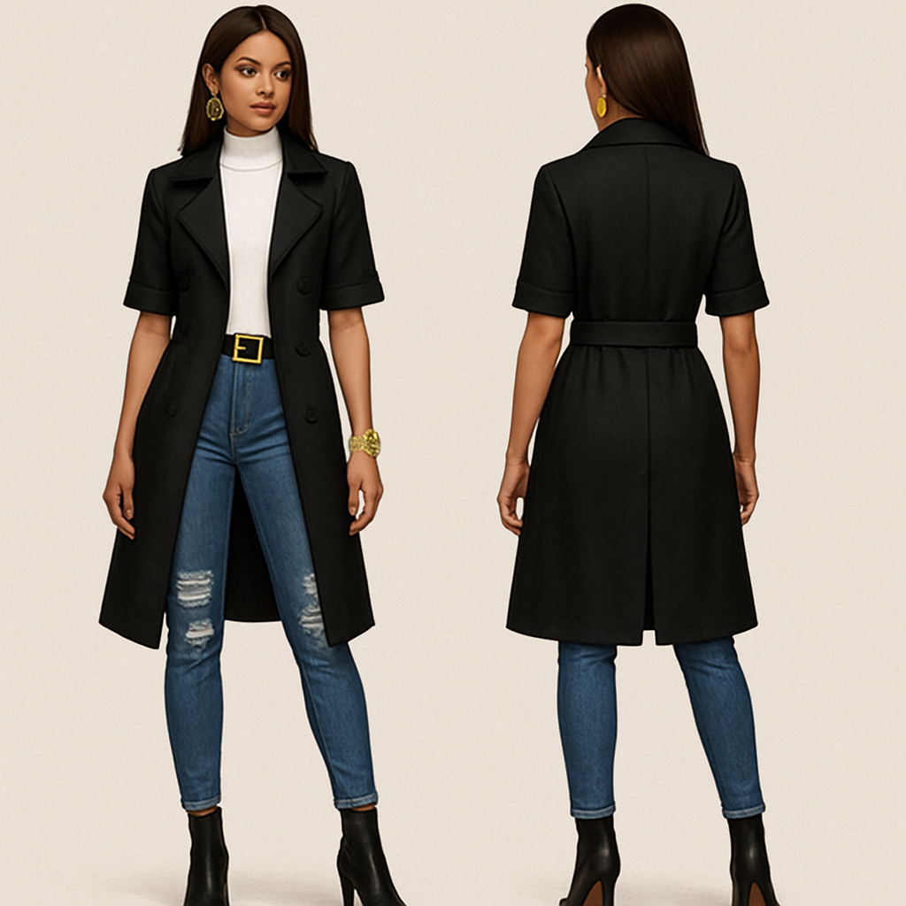 White turtleneck short sleeves black trench coat
Fitted ripped jeans
Gold belt on pants
Heel boots
Lime green earrings and bracelet
Sew in
White turtleneck short sleeves black trench coat
Fitted ripped jeans
Gold belt on pants
Heel boots
Lime green earrings and bracelet
Sew in , business style, show front and back