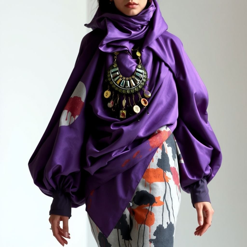 Purple fashion
Envision an avant-garde ensemble featuring flowing purple silk drapes, layered asymmetrically, adorned with abstract hand-painted motifs. Bold, oversized sleeves cascade to the wrists, while a sculptural collar frames the face. Paired with statement jewelry crafted from recycled materials, this artsy fashion piece merges sustainability and creativity, embodying a whimsical, artistic spirit.