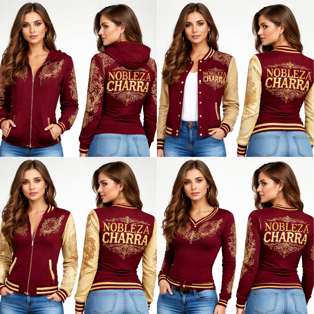 Hazme una sudadera de cierre, chamarra y playera de manda larga, de los colores vino, dorado y beige, dame diferentes opciones , nada más incluye de letras “NOBLEZA CHARRA” para una mujer de 18 años , pero que lo de obleas lo tenga atrás , quítale el nobleza de enfrente
Hazme una sudadera de cierre, chamarra y playera de manda larga, de los colores vino, dorado y beige, dame diferentes opciones , nada más incluye de letras “NOBLEZA CHARRA” para una mujer de 18 años , pero que lo de obleas lo tenga atrás , quítale el nobleza de enfrente , classic style, show front and back