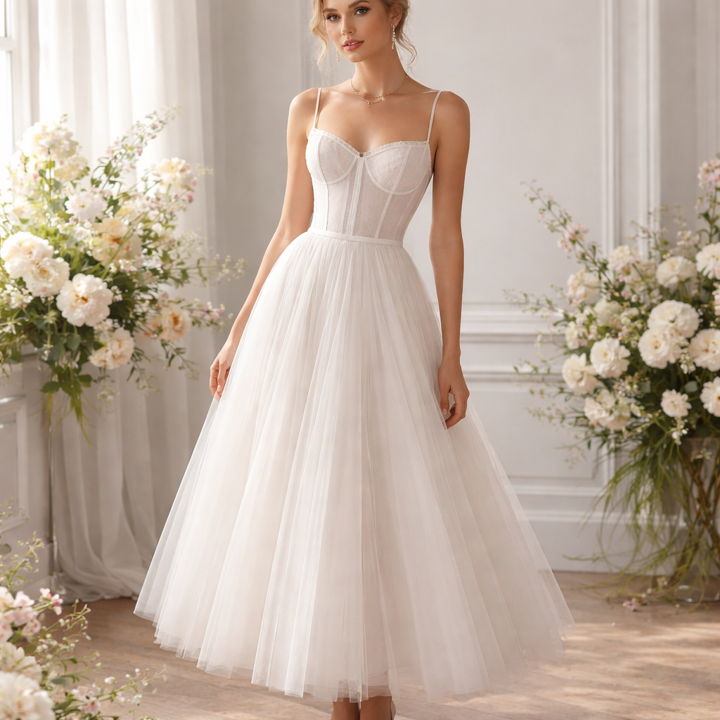 Wedding style dress, white. Corset bodice, spaghetti straps. A-line skirt, ankle length.
Wedding style dress, white. Corset bodice, spaghetti straps. A-line skirt, ankle length.