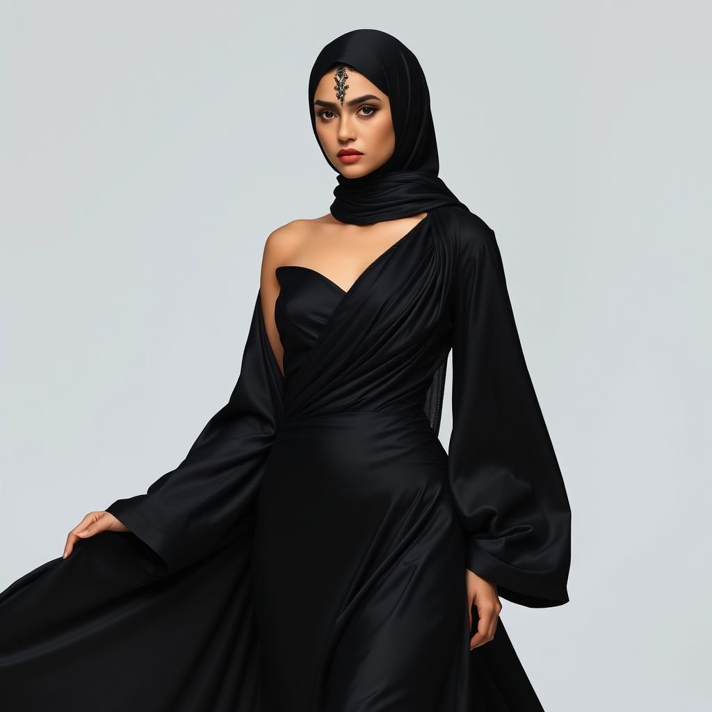 Plain Satin gown with full sleeves for a bride which is black in colour. It also has pleats of black net stitched to the left shoulder that cross through chest covering the chest area and can be laid on right hand where the model folds hand at elbow and that’s where the net rests and the rest of the net goes to the back till floorlength. The model should wear a headscarf with embroidered net at the forehead part which is also black in colour but is opaque
Envision a stunning black satin gown, sleek yet dramatic, with full sleeves flowing elegantly. A cascade of intricate pleats in black net, stitched from the left shoulder, wraps gracefully across the chest, elegantly draping to the folded elbow, creating an ethereal silhouette. A matching headscarf, embroidered along the forehead, enhances the mysterious allure, allowing the model to exude an aura of timeless elegance that blends tradition with contemporary sophistication. The gown's floor-length design transforms every step into a statement of graceful opulence.