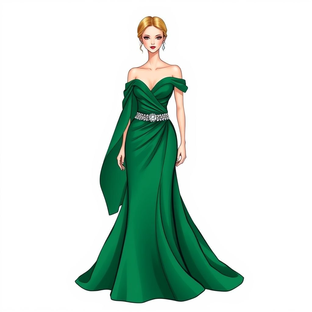 I have a wedding to attend. I want to design an emerald green dress using crepe material woth one sleeve off shoulder and the other sleeve long cape like sleeve. With something nice and creative on belly area to cover belly fat..
Design a stunning emerald green crepe dress for a glamorous wedding. The dress features a provocative off-shoulder sleeve paired with an elegant long cape sleeve, adding drama to the silhouette. Incorporate exquisite draping and a jeweled belt around the belly area, cleverly accentuating curves while providing a chic, flattering touch.