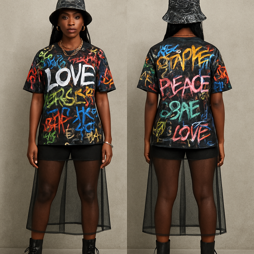 Black woman
Graffiti shirt
Shorts
See through skirt
Platform boots
hat with design
Gold jewelry
Black woman
Graffiti shirt
Shorts
See through skirt
Platform boots
hat with design
Gold jewelry
, streetwear style, show front and back
