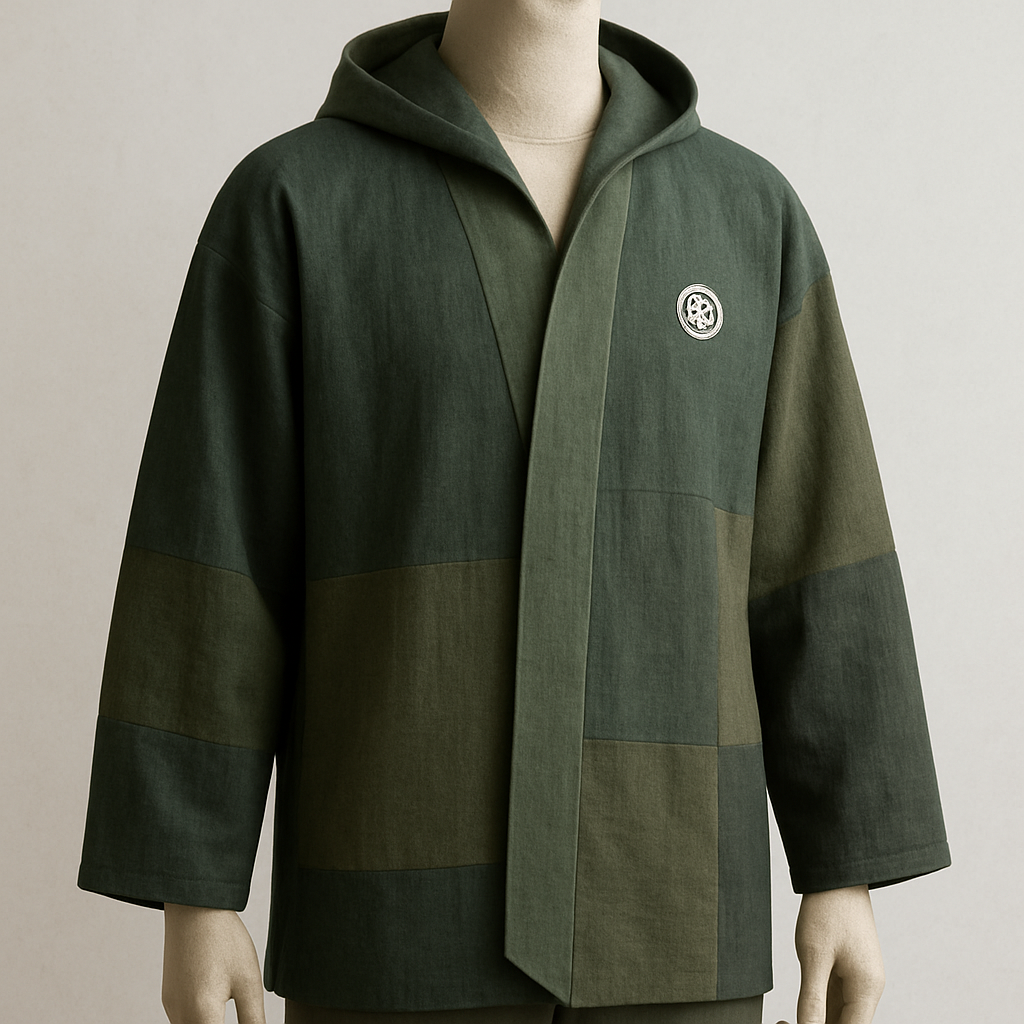 A modern Japanese fusion haori-hoodie with a clean pointed front cut, attached minimalist hood, slightly oversized fit, and premium natural fabrics like hemp, linen, or cotton-linen blend. Use subtle patchwork in tonal earthy colors (deep greens, sage, forest, olive, charcoal). Keep the design elegant, minimal and high-end — no bright colors, no loud patterns. Add one small traditional Japanese crest (kamon) on the upper chest. The overall aesthetic should feel authentic, natural, artisan-made, and wearable at summer festivals or in modern streetwear. Sharp silhouette, clean lines, subtle texture, and sophisticated color harmony.
A modern Japanese fusion haori-hoodie with a clean pointed front cut, attached minimalist hood, slightly oversized fit, and premium natural fabrics like hemp, linen, or cotton-linen blend. Use subtle patchwork in tonal earthy colors (deep greens, sage, forest, olive, charcoal). Keep the design elegant, minimal and high-end — no bright colors, no loud patterns. Add one small traditional Japanese crest (kamon) on the upper chest. The overall aesthetic should feel authentic, natural, artisan-made, and wearable at summer festivals or in modern streetwear. Sharp silhouette, clean lines, subtle texture, and sophisticated color harmony., japanese_street style