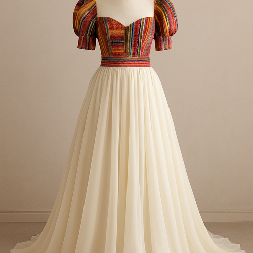 Create a wedding dress using colorful aso oke and a cream chiffon fabric.