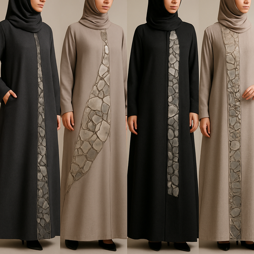 Create a modest abaya that's the first of its kind, featuring a unique stone design that exudes a classy and sophisticated vibe. I'd like four designs, each showcasing different styles and fabrics.
Incorporate high-end, unique chic stone designs to make them truly special. Add a little sophisticated stone work to it.