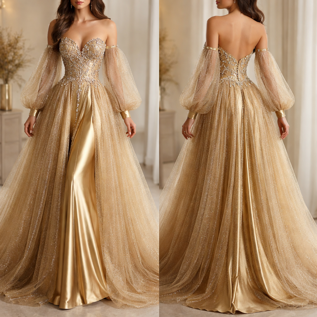 Formal gown, ankle length. Sweetheart deep cut top with clear sparkly crystal details in a vine pattern over an extra shiny gold satin metallic fabric. Off the shoulder sheer sparkly long puffy sleeves with satin cuffs. From the waist, flowy shimmer gold fabric. Add a sheer fabric skirt over the metallic fabric that matches the sleeves.
Formal gown, ankle length. Sweetheart deep cut top with clear sparkly crystal details in a vine pattern over an extra shiny gold satin metallic fabric. Off the shoulder sheer sparkly long puffy sleeves with satin cuffs. From the waist, flowy shimmer gold fabric. Add a sheer fabric skirt over the metallic fabric that matches the sleeves. , show front and back