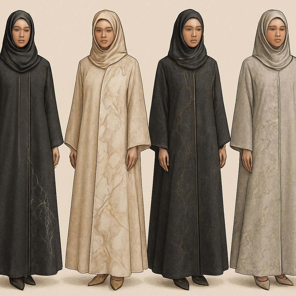 Create a modest two piece abaya, first of its kind, featuring a unique stone design that exudes a classy and sophisticated vibe. I'd like four designs, each showcasing different styles and fabrics. Incorporate high-end, unique chic stone designs to make them truly special. Add little sophisticated stone designs. Make it irresistible!

Create a modest two piece abaya, first of its kind, featuring a unique stone design that exudes a classy and sophisticated vibe. I'd like four designs, each showcasing different styles and fabrics. Incorporate high-end, unique chic stone designs to make them truly special. Add little sophisticated stone designs. Make it irresistible!