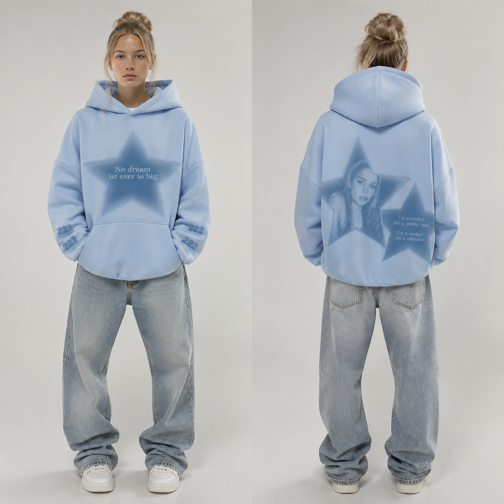 Erstell mir ein bild von einem baby blauen puff Hoodie. Der Hoodie soll eine große kaputze haben. An den Ärmel stehen in digitale zahlen design die Nummer 222 in klein und der Hoodie hat vorne eine Känguru Tasche. Darüber ist ein Stern in einem dunkleren blau und darin steht in sehr hellen blau 'No dream ist ever to big'. Auf der Rückseite des Hoodie ist ein großer Stern und daneben ein kleinerer. Im großen Stern sieht man Freya Skye von ihrem letzten song Bad Taste. Und im kleinen Stern steht jeweils 'Im a sucker for a pretty face' und etwas darunter steht 'Im a sucker for a mistake'. Germany fashion aesthetics. Present it as professional fashion catalogue photography: the garment is the subject, shown full-length with editorial styling, neutral posing and tasteful, non-suggestive framing.
photorealistic fashion design, Erstell mir ein bild von einem baby blauen puff Hoodie. Der Hoodie soll eine große kaputze haben. An den Ärmel stehen in digitale zahlen design die Nummer 222 in klein und der Hoodie hat vorne eine Känguru Tasche. Darüber ist ein Stern in einem dunkleren blau und darin steht in sehr hellen blau 'No dream ist ever to big'. Auf der Rückseite des Hoodie ist ein großer Stern und daneben ein kleinerer. Im großen Stern sieht man Freya Skye von ihrem letzten song Bad Taste. Und im kleinen Stern steht jeweils 'Im a sucker for a pretty face' und etwas darunter steht 'Im a sucker for a mistake'. Germany fashion aesthetics. Present it as professional fashion catalogue photography: the garment is the subject, shown full-length with editorial styling, neutral posing and tasteful, non-suggestive framing., just the design no text, show front and back