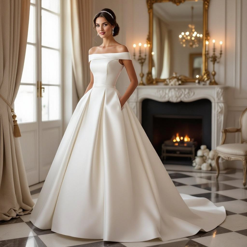 فستان زفاف ملكي ثقيل خصر ضيق و نفشة بلون أوف وايت فاتح جدا
Elegant fashion: Elegant wedding dress, off-white, tight waist, full skirt. Heavy fabric, clean lines.