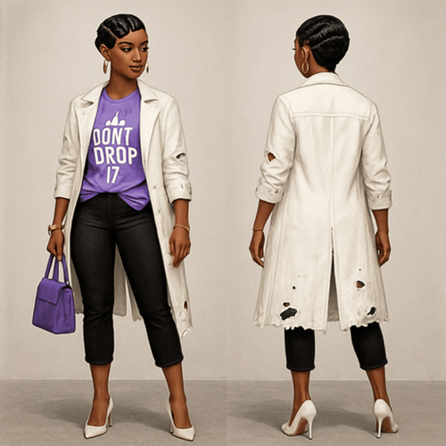 Black woman 
Finger waves
purple shirt tied to the side white around the collar with don’t drop it 👑 on the front
Long white jacket ripped 
Black capri pants 
Gold jewelry 
White heels 
Purple hand bag 

