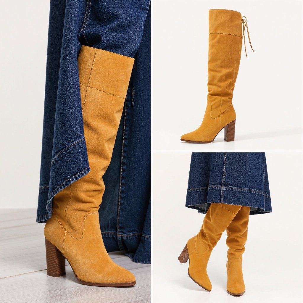 یه چکمه بلند زنانه جیر خیلی رنگ عسلی
"Women's honey suede tall boots, pull-on style, with a pointed toe and a stacked heel."