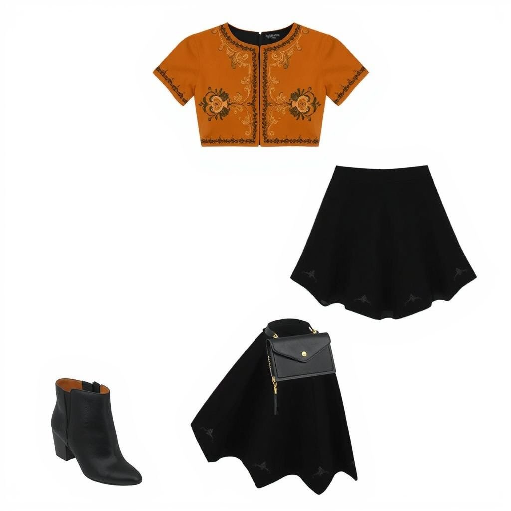 Un top corto (crop top) de color vino o burdeos. • Una falda negra de cintura alta
Imagina un conjunto audaz: un crop top de color burdeos, con delicados bordados en hilo dorado que evocan la elegancia vintage. La falda negra de cintura alta, con un corte asimétrico y detalles de flecos, aporta un toque moderno. Completa el look con botas de charol y un bolso minimalista.