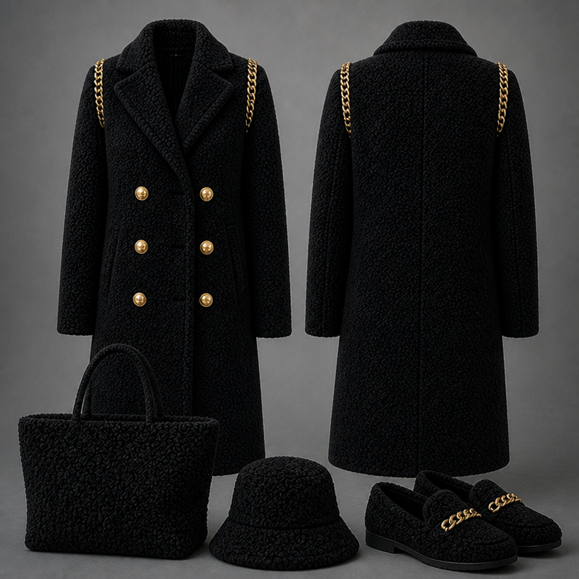 Put the chains on the shoulder of this coat and matching shoes with a chain across the front a slip on shoe made of Persian lamb fur . And also a Persian lamb tote hat matching put the hat on the floor
edit the attached fashion design with these instructions: Put the chains on the shoulder of this coat and matching shoes with a chain across the front a slip on shoe made of Persian lamb fur . And also a Persian lamb tote hat matching put the hat on the floor. keep it photorealistic, just the design no text