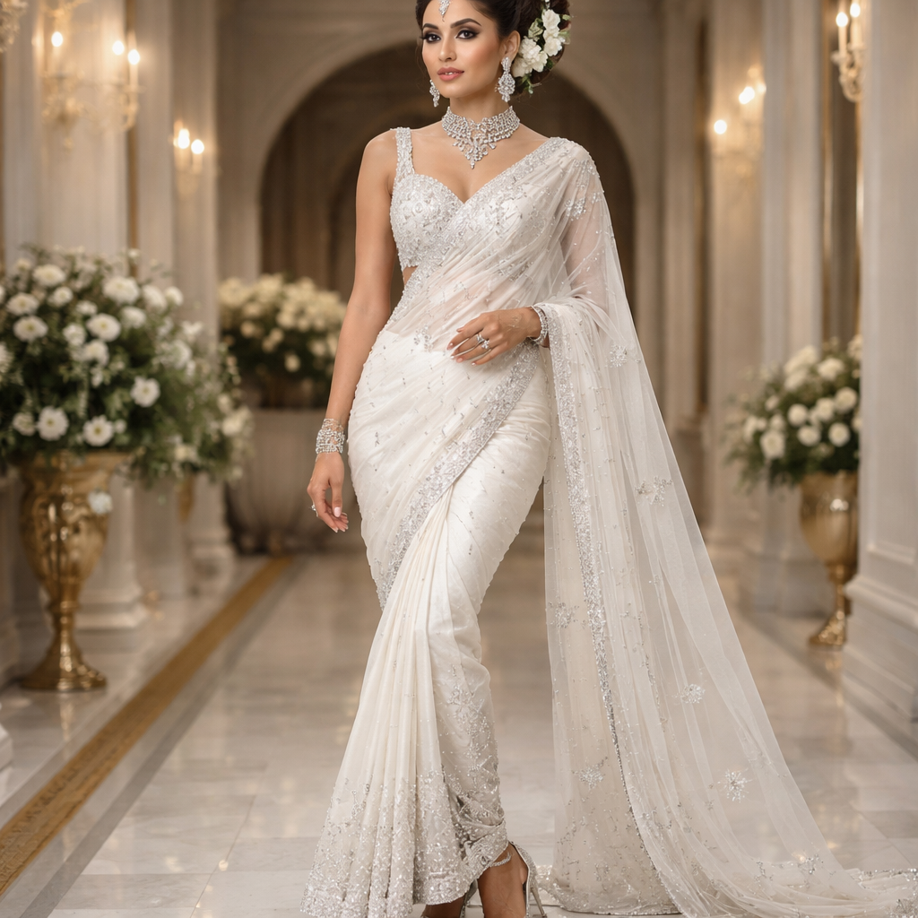 Create a modern bridal look using a traditional white Sari. The model should wear her hair in an eye catching up do. Her look should include stunning shoes and jewellery.
Create a modern bridal look using a traditional white Sari. The model should wear her hair in an eye catching up do. Her look should include stunning shoes and jewellery., formal style