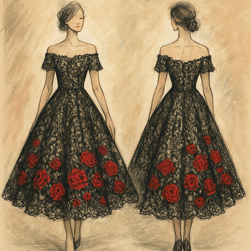 Lace black with champagne underlay swing dress with off the shoulder sleeves with red roses cascading towards the bottom of the dress.