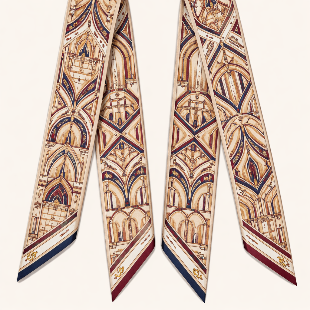 Design a silk scarf that is 5 x 86cm that wraps around a handle of a handbag for my brand Jolie Franc
Architecture & Heritage Pattern
Vibe: Cultural, refined, timeless
Concept:
Abstract motifs inspired by:
• Union Station arches
• Historic brickwork
• Art Deco or Beaux-Arts detailing
Design layout:
• Repeating geometric pattern
• Slight variation in scale for movement
• Border that mirrors architectural framing
Color palette:
• Warm neutral base with darker linework
• Bronze, oxblood, or navy accents
Why it works:
Celebrates Kansas City without naming it outright.
Design a silk scarf that is 5 x 86cm that wraps around a handle of a handbag for my brand Jolie Franc
Architecture & Heritage Pattern
Vibe: Cultural, refined, timeless
Concept:
Abstract motifs inspired by:
• Union Station arches
• Historic brickwork
• Art Deco or Beaux-Arts detailing
Design layout:
• Repeating geometric pattern
• Slight variation in scale for movement
• Border that mirrors architectural framing
Color palette:
• Warm neutral base with darker linework
• Bronze, oxblood, or navy accents
Why it works:
Celebrates Kansas City without naming it outright.
, classic style, show front and back