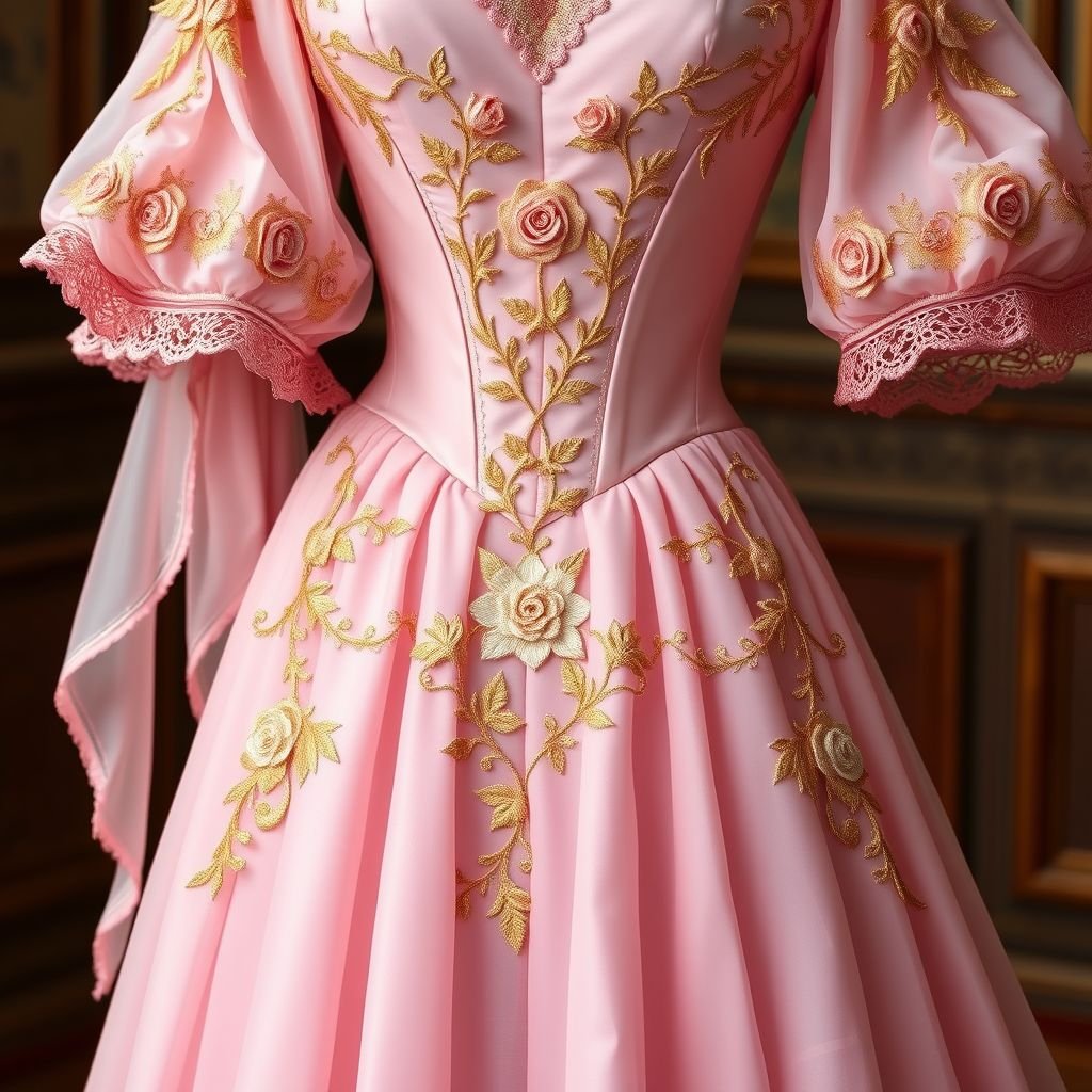 复古风洛可可宫廷裙,粉色,金色,玫瑰花, 蕾丝花边,真丝雪纺
Imagine a romantic Rococo-inspired gown, where sugary pink silk chiffon drapes elegantly, adorned with intricate golden embroidery depicting delicate roses. Flourishing lace trim traces the hem and sleeves, while a regal corset cinches the waist, creating a silhouette reminiscent of grand ballrooms. This opulent look merges timeless elegance with whimsical charm.