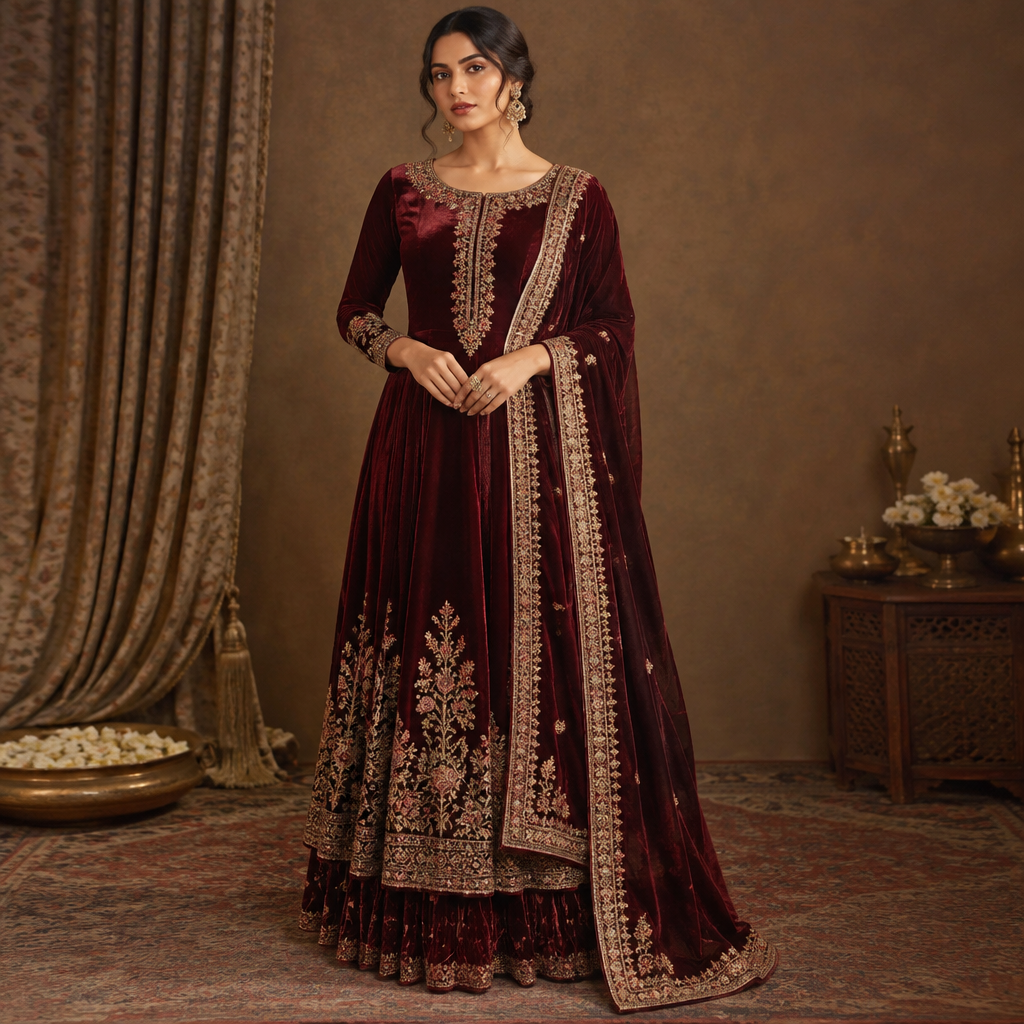 A Female Dress design, made of Velvet, suitable for Fall. Consider Indian fashion aesthetics — consider saree, lehenga, salwar kameez, kurti, anarkali; local fabrics like chanderi, banarasi, chikankari, block prints; vibrant colors and rich embroidery. Current season is Autumn in India. Present it as professional fashion catalogue photography: the garment is the subject, shown full-length with editorial styling, neutral posing and tasteful, non-suggestive framing.
photorealistic fashion design, A Female Dress design, made of Velvet, suitable for Fall. Consider Indian fashion aesthetics — consider saree, lehenga, salwar kameez, kurti, anarkali; local fabrics like chanderi, banarasi, chikankari, block prints; vibrant colors and rich embroidery. Current season is Autumn in India. Present it as professional fashion catalogue photography: the garment is the subject, shown full-length with editorial styling, neutral posing and tasteful, non-suggestive framing., just the design no text