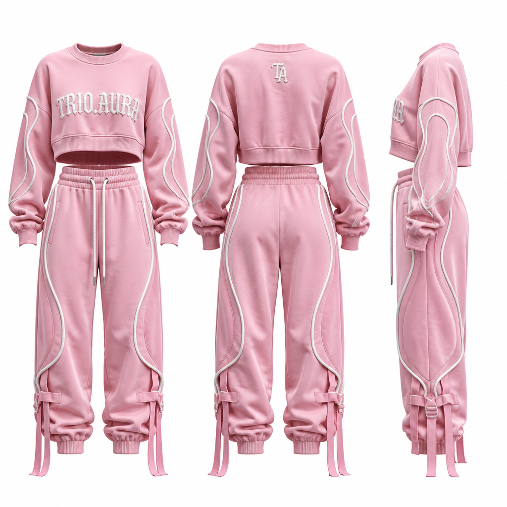 photorealistic fashion design, photorealistic fashion design, A Pants design, in Streetwear style. Design an original luxury women's streetwear tracksuit for the brand TRIO.AURA. Create an oversized cropped crewneck sweatshirt with dropped shoulders and matching high-waisted oversized joggers. Use heavyweight premium cotton fleece with a soft brushed interior. Add bold curved 3D rope piping running down both sleeves and both pant legs for a unique signature look. Embroider the TRIO.AURA logo in small, clean lettering on the left chest and left thigh, with a TA monogram on the back neck. Include ribbed cuffs, an elastic waistband with premium drawstrings, hidden zip pockets, reinforced stitching, and a relaxed baggy fit. Color: soft pink with white rope piping and white embroidery. Style: luxury streetwear, modern, premium, fashion-forward, unique and original. Show front, back, and side views on a plain white background with realistic fabric texture and professional fashion presentation.. South Africa fashion aesthetics., streetwear style, just the design no text. Refinement: for the top add the name logo in the middle ๐๐๐๐๐ ๐๐๐๐ ๐๐๐๐ ๐๐๐๐ ๐๐ ๐๐๐๐, just the design no text. Refinement: ๐๐๐๐๐๐ ๐๐๐ ๐๐๐๐ ๐๐๐๐๐๐ ๐๐๐ ๐๐๐๐๐๐๐ ๐๐๐๐๐๐
photorealistic fashion design, photorealistic fashion design, photorealistic fashion design, A Pants design, in Streetwear style. Design an original luxury women's streetwear tracksuit for the brand TRIO.AURA. Create an oversized cropped crewneck sweatshirt with dropped shoulders and matching high-waisted oversized joggers. Use heavyweight premium cotton fleece with a soft brushed interior. Add bold curved 3D rope piping running down both sleeves and both pant legs for a unique signature look. Embroider the TRIO.AURA logo in small, clean lettering on the left chest and left thigh, with a TA monogram on the back neck. Include ribbed cuffs, an elastic waistband with premium drawstrings, hidden zip pockets, reinforced stitching, and a relaxed baggy fit. Color: soft pink with white rope piping and white embroidery. Style: luxury streetwear, modern, premium, fashion-forward, unique and original. Show front, back, and side views on a plain white background with realistic fabric texture and professional fashion presentation.. South Africa fashion aesthetics., streetwear style, just the design no text. Refinement: for the top add the name logo in the middle ๐๐๐๐๐ ๐๐๐๐ ๐๐๐๐ ๐๐๐๐ ๐๐ ๐๐๐๐, just the design no text. Refinement: ๐๐๐๐๐๐ ๐๐๐ ๐๐๐๐ ๐๐๐๐๐๐ ๐๐๐ ๐๐๐๐๐๐๐ ๐๐๐๐๐๐, just the design no text