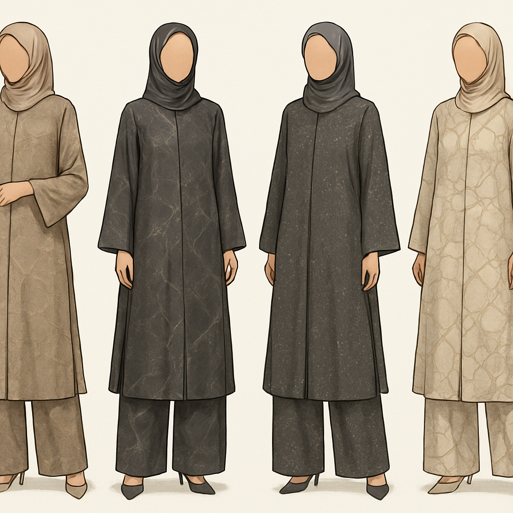 Create a modest abaya and loose pant, first of its kind, featuring a unique stone design that exudes a classy and sophisticated vibe. I'd like four designs, each showcasing different styles and fabrics. Incorporate high-end, unique chic stone designs to make them truly special. Add little sophisticated stone designs. Make it irresistible with designs that stands out.

Create a modest abaya and loose pant, first of its kind, featuring a unique stone design that exudes a classy and sophisticated vibe. I'd like four designs, each showcasing different styles and fabrics. Incorporate high-end, unique chic stone designs to make them truly special. Add little sophisticated stone designs. Make it irresistible with designs that stands out.