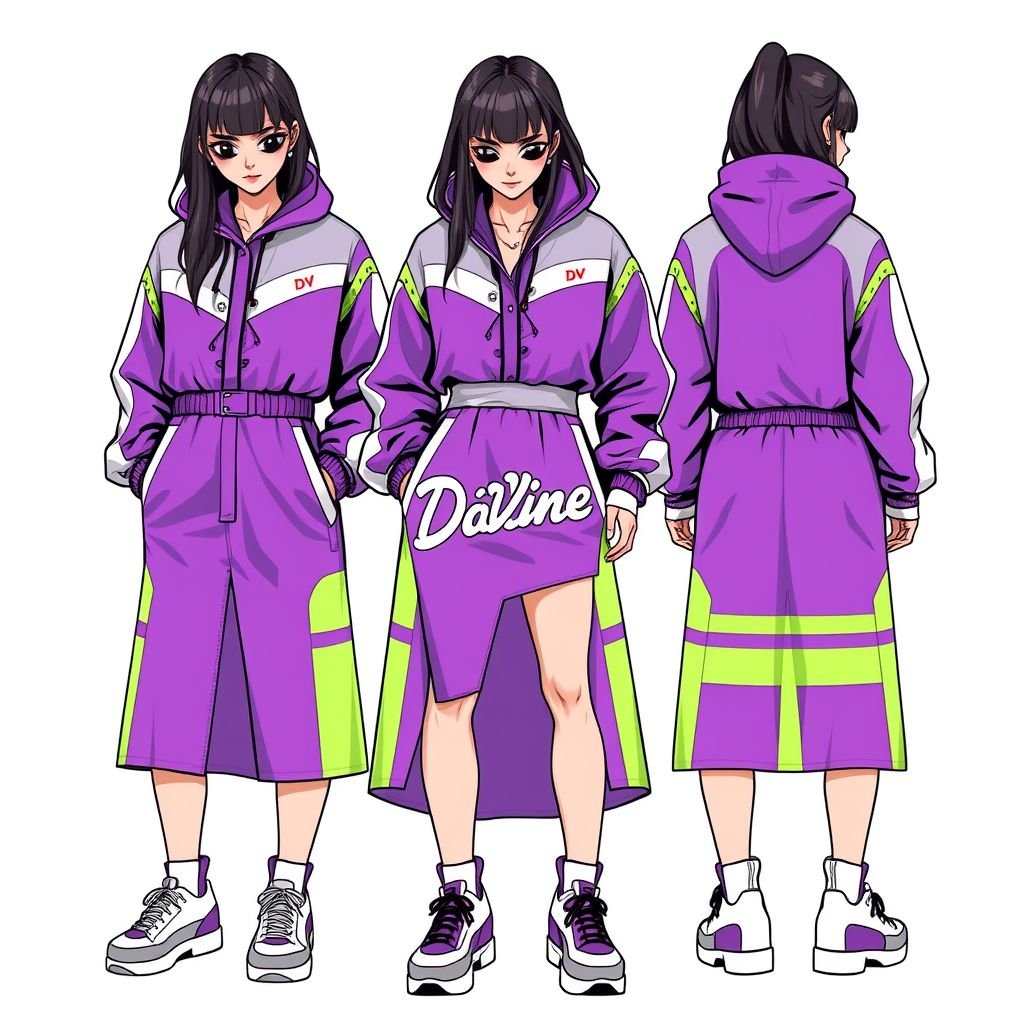 Streetrush women’s Street Sporty Academy Style, Street Hip-Hop Oversized midi skirt. These lavender and violet purple Color-Block Design, windbreaker material skirt. Feature Multiple Stripes, white and lime green Paneling Design, And Front And Back Pattern Designs, Along With A Creative Double Waistband. They Are Suitable For All-Season Wear, Embody Street Rock Aesthetics, And Are Perfect For Music Festivals And Everyday Outfits. This Style Reflects Y2K Streetwear , Women’s Two-Tone Outdoor Sports , Chicago Jersey , Streetwear , Streetwear skirt. Put “DV” somewhere on it. Create me a logo for my brand “Da’Vine” and put it up there also
Design an edgy women's streetwear ensemble featuring a sporty lavender and violet color-block midi skirt, crafted from windbreaker material. The skirt showcases bold stripes, with dynamic white and lime green paneling, front and back patterns, and a unique double waistband. Incorporate “DV” subtly within the design while reflecting Y2K vibes and Chicago jersey influences. Complete the look with a striking logo for “Da’Vine,” emphasizing creativity and individuality, perfect for music festivals and everyday city wear, resonating with vibrant street rock aesthetics. This all-season piece embodies fearless style and urban culture.