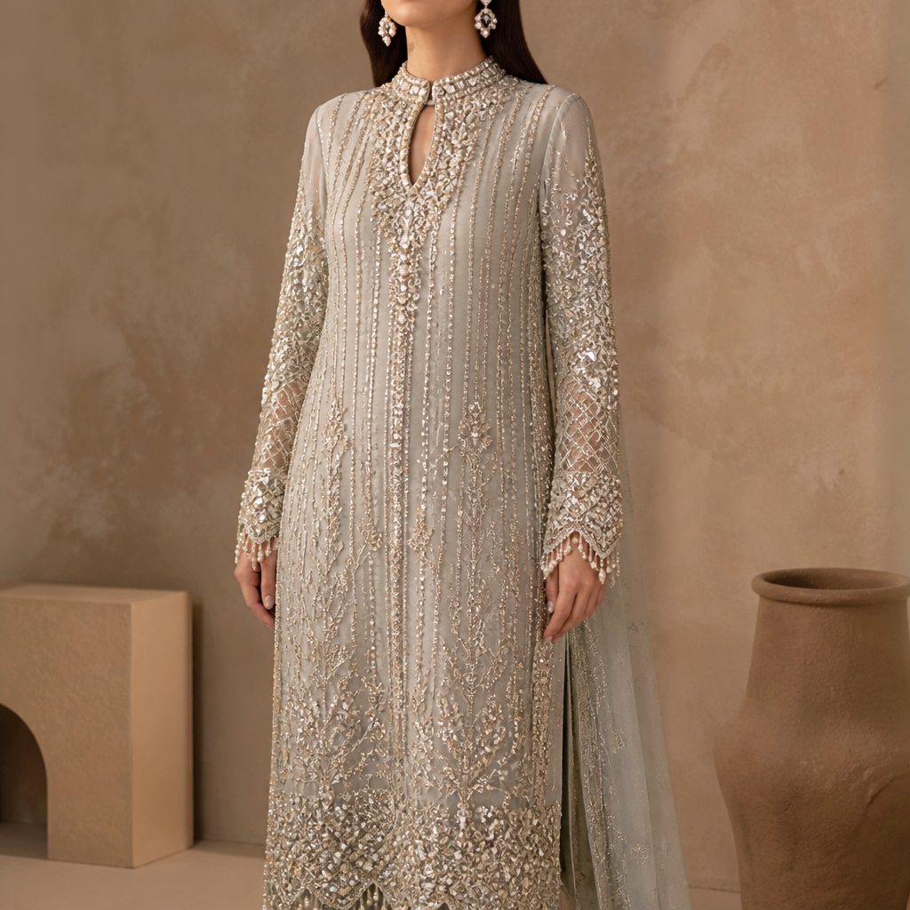 A Female Dress design, in Glamorous style. long shirt
key hole neck
Fancy stone, silver material and pearl work with kora and dabka. Pakistan fashion aesthetics.
photorealistic fashion design, A Female Dress design, in Glamorous style. long shirt
key hole neck
Fancy stone, silver material and pearl work with kora and dabka. Pakistan fashion aesthetics., glamorous style, just the design no text