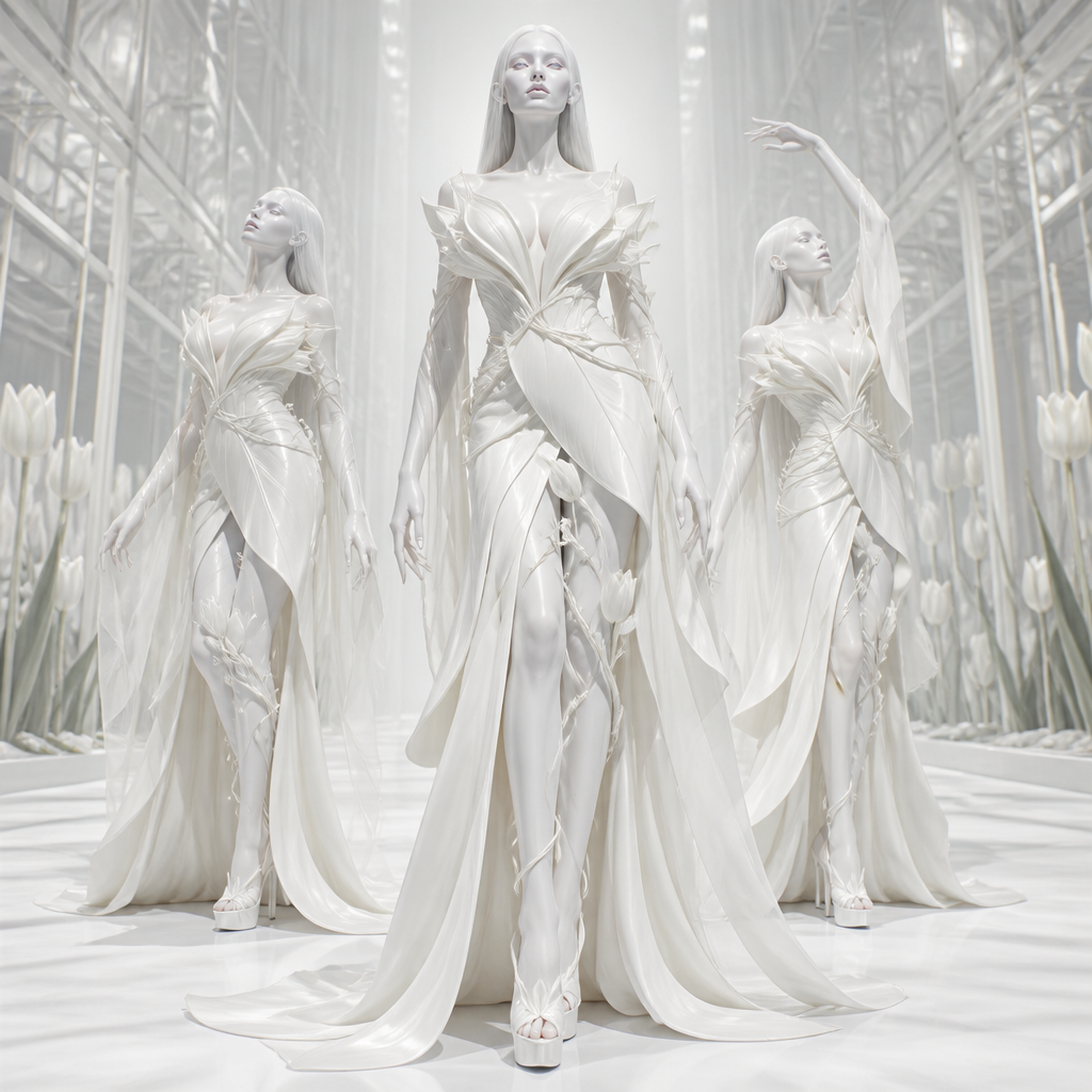 A Female Dress design, with modest, full coverage: longer hemlines, higher necklines and covered shoulders, suitable for Fall, in Minimalist style. WHITE TULIP
Create a full-body Haute Couture Runway Illustration of an original female character inspired entirely by a white tulip, presented as a luxurious, elongated, dramatic fashion illustration.
CHARACTER
An ethereal, otherworldly female figure who looks as though she has become a living white tulip.
- Extremely long, elegant fashion-illustration proportions
- Skin completely snow-white, porcelain-like and uniform across the entire body
- Long, slender hands and fingers with sculptural elegance
- Long, translucent white nails
- Very long snowy icy-white hair, flowing freely down the back and reaching below the buttocks
- Hair is straight and sleek with subtle natural movement
- Eyebrows extremely delicate and icy white
- Very long white eyelashes
- Irises predominantly pure white and icy, with an extremely subtle pale-ice center and luminous white ring
- Cold, ethereal makeup
- Graphic elongated eyeliner inspired by the pointed shape of tulip petals
- Lips extremely pale icy nude, almost blending into the snow-white complexion
- A delicate, subtle tulip-vein pattern only on the forehead, appearing almost organically beneath the skin rather than as a tattoo
The face and body must feel like a living white tulip, not simply a human model wearing a floral dress.
---
DRESS
A single-piece, floor-length avant-garde couture gown.
The entire garment is exclusively within a pure white color family.
The main structural material is white satin.
Chiffon is used only in clearly delicate, airy areas and must remain visually distinct from the satin.
The silhouette is predominantly body-hugging and sculptural, with controlled volume only where the tulip-petal structures require it.
BODICE
- Sculptural corset-like bodice shaped like a tightly closed tulip bud
- Extremely defined waist
- White satin is the dominant structural material
- Bust constructed from tightly layered satin folds resembling compressed tulip petals
- Raised sculptural satin petals on the upper bodice
- The entire upper torso should visually resemble a closed tulip bud
- The silhouette becomes narrower and more compressed toward the waist
SLEEVES
- Long white chiffon sleeves
- Extremely delicate, thin and airy
- Each sleeve hangs from the side of the body like a long falling tulip petal
- Slight controlled volume and flowing movement
- Shoulders remain visibly bare
- The chiffon must not cover the shoulders completely
- Chiffon must never visually overwhelm or obscure the satin bodice
NECKLINE
An avant-garde asymmetric tulip-petal neckline.
- Large, thick, structured white satin petals
- Long narrow petals extending outward from the center chest toward the shoulders
- Petals frame the décolleté rather than covering it
- Shoulders clearly exposed
- The neckline must resemble a fully opened tulip
- Combination of large sculptural petals and delicate petal edges
- No conventional neckline construction
---
WAIST / LIVING BOTANICAL BELT
The waist structure is not a conventional belt.
It is a sculptural botanical structure made from:
- One large white satin leaf
- Long delicate tendrils
- The leaf follows the natural curve of the waist and hip
- The leaf extends toward the thigh
- The leaf and tendrils appear to have grown directly out of the dress
- One long tendril wraps around the waist
- The same tendril continues downward toward the thigh/leg
- Some tendrils lightly wrap around the leg
- Tendrils remain sparse, elegant and controlled
- No clutter
The leaf and tendrils must visibly function as the actual waist belt structure, not as separate accessories.
---
SKIRT
The lower silhouette remains fitted until the knee.
From the knee downward, the gown transforms into opened tulip petals.
- Fitted white satin base underneath
- Large independent satin petals layered over the fitted base
- A central opening begins around the knee
- Two major petals open outward from the center
- Strong asymmetry: one side is larger and more dramatic
- Petal edges combine rounded organic curves with elongated pointed tips
- At least one of the longest satin petals extends all the way to the floor
- The lower dress must resemble a fully opened white tulip
- Keep the underlying body-hugging silhouette visible between the petal structures
The satin petals must remain visually distinct from the chiffon.
---
BACK
- Open back
- Large white satin petals frame both sides of the back opening
- One large sculptural petal extends from the waist downward along the back
- The botanical waist tendril continues across the back and becomes part of the back design
- Maintain the same white satin dominance
---
SURFACE DETAILS
Keep all details elegant and restrained.
- Very subtle raised lines resembling real tulip veins on the major satin petals
- A few controlled, extremely subtle slits in the satin for breathing room and glimpses of the body/understructure
- Several delicate white tulip flowers positioned around parts of the body and thigh
- Small scattered white buds and petals appearing as though they are growing from the garment
- Botanical details must never become cluttered or overpower the main silhouette
---
SHOES
Elegant white couture heels.
- Very high, slender white heel
- Heel subtly curved like a tulip stem
- Open-toe construction
- Small white satin petal detail surrounding the open toe
- Integrated couture construction
- Minimal and elegant
---
COLOR & MATERIAL
Only white tones.
- Pure white overall
- White satin must be highly visible as the primary structural material
- Natural satin sheen creates dimensional highlights
- White chiffon is delicate and slightly translucent
- No colored flowers
- No green leaves
- No pink
- No red
- No gold
- No silver
- No black
- No colored embroidery
The visual richness must come entirely from material, translucency, sculptural volume, light and shadow.
---
THREE FIGURES
Create three full-body standing fashion figures wearing the exact same design.
FIGURE 1:
- Central and largest figure
- Standing completely straight and regal
- Elongated neck
- Chin slightly raised
- Strong runway presence
FIGURE 2:
- Slightly farther back and smaller
- Body gently leaning toward one side
- Movement inspired by a tulip stem bending softly in the wind
FIGURE 3:
- Slightly farther back and smaller
- One arm raised
- Other arm relaxed
- Pose suggests a tulip flower opening
All three figures must remain fully standing and visible from head to toe.
---
COMPOSITION
Professional luxury couture fashion presentation.
- Central figure is the dominant visual focus
- Two secondary figures positioned slightly behind
- Slight variation in spacing and height
- Elegant editorial composition
- Plenty of refined negative space
- No overlapping bodies that hide the garments
- All three complete silhouettes clearly visible
---
ENVIRONMENT
A luxurious, minimal, icy-white runway environment combining:
- High-fashion runway atmosphere
- Very subtle white mist
- Extremely light icy-gray background
- Minimalistic futuristic greenhouse atmosphere
- White runway floor
- Soft natural shadows beneath the figures
- Elegant atmospheric depth
- No distracting objects
The environment should feel like an ice-covered botanical couture runway.
---
LIGHTING & ART STYLE
Haute Couture Runway Illustration, elongated and dramatic.
- Strong dramatic light and shadow across the sculptural petals
- Simultaneously soft, ethereal, icy illumination
- Combine high-contrast couture lighting with an almost luminous frozen atmosphere
- Extremely clean and sharp primary garment contours
- Some petal edges may have a slightly painterly softness
- Highly refined couture rendering
- Luxurious editorial fashion illustration
- Sophisticated fabric rendering
- Strong three-dimensional sculptural forms
- Elegant anatomical fashion proportions
- Crisp details without looking photorealistic
- The final image should look like an elite couture runway illustration / fashion house concept sheet
MOST IMPORTANT VISUAL DIRECTION
The viewer should immediately perceive:
WHITE TULIP → LIVING FLOWER → ICE → COUTURE
The woman must not look like an ordinary model wearing a tulip-inspired gown.
She should look like a white tulip transformed into an ethereal human couture figure.
The white satin, chiffon petals, botanical waist structure, snowy skin, icy-white eyes, extremely long white hair and tulip-vein detail on the forehead must all. IR fashion aesthetics. Present it as professional fashion catalogue photography: the garment is the subject, shown full-length with editorial styling, neutral posing and tasteful, non-suggestive framing.
photorealistic fashion design, A Female Dress design, with modest, full coverage: longer hemlines, higher necklines and covered shoulders, suitable for Fall, in Minimalist style. WHITE TULIP
Create a full-body Haute Couture Runway Illustration of an original female character inspired entirely by a white tulip, presented as a luxurious, elongated, dramatic fashion illustration.
CHARACTER
An ethereal, otherworldly female figure who looks as though she has become a living white tulip.
- Extremely long, elegant fashion-illustration proportions
- Skin completely snow-white, porcelain-like and uniform across the entire body
- Long, slender hands and fingers with sculptural elegance
- Long, translucent white nails
- Very long snowy icy-white hair, flowing freely down the back and reaching below the buttocks
- Hair is straight and sleek with subtle natural movement
- Eyebrows extremely delicate and icy white
- Very long white eyelashes
- Irises predominantly pure white and icy, with an extremely subtle pale-ice center and luminous white ring
- Cold, ethereal makeup
- Graphic elongated eyeliner inspired by the pointed shape of tulip petals
- Lips extremely pale icy nude, almost blending into the snow-white complexion
- A delicate, subtle tulip-vein pattern only on the forehead, appearing almost organically beneath the skin rather than as a tattoo
The face and body must feel like a living white tulip, not simply a human model wearing a floral dress.
---
DRESS
A single-piece, floor-length avant-garde couture gown.
The entire garment is exclusively within a pure white color family.
The main structural material is white satin.
Chiffon is used only in clearly delicate, airy areas and must remain visually distinct from the satin.
The silhouette is predominantly body-hugging and sculptural, with controlled volume only where the tulip-petal structures require it.
BODICE
- Sculptural corset-like bodice shaped like a tightly closed tulip bud
- Extremely defined waist
- White satin is the dominant structural material
- Bust constructed from tightly layered satin folds resembling compressed tulip petals
- Raised sculptural satin petals on the upper bodice
- The entire upper torso should visually resemble a closed tulip bud
- The silhouette becomes narrower and more compressed toward the waist
SLEEVES
- Long white chiffon sleeves
- Extremely delicate, thin and airy
- Each sleeve hangs from the side of the body like a long falling tulip petal
- Slight controlled volume and flowing movement
- Shoulders remain visibly bare
- The chiffon must not cover the shoulders completely
- Chiffon must never visually overwhelm or obscure the satin bodice
NECKLINE
An avant-garde asymmetric tulip-petal neckline.
- Large, thick, structured white satin petals
- Long narrow petals extending outward from the center chest toward the shoulders
- Petals frame the décolleté rather than covering it
- Shoulders clearly exposed
- The neckline must resemble a fully opened tulip
- Combination of large sculptural petals and delicate petal edges
- No conventional neckline construction
---
WAIST / LIVING BOTANICAL BELT
The waist structure is not a conventional belt.
It is a sculptural botanical structure made from:
- One large white satin leaf
- Long delicate tendrils
- The leaf follows the natural curve of the waist and hip
- The leaf extends toward the thigh
- The leaf and tendrils appear to have grown directly out of the dress
- One long tendril wraps around the waist
- The same tendril continues downward toward the thigh/leg
- Some tendrils lightly wrap around the leg
- Tendrils remain sparse, elegant and controlled
- No clutter
The leaf and tendrils must visibly function as the actual waist belt structure, not as separate accessories.
---
SKIRT
The lower silhouette remains fitted until the knee.
From the knee downward, the gown transforms into opened tulip petals.
- Fitted white satin base underneath
- Large independent satin petals layered over the fitted base
- A central opening begins around the knee
- Two major petals open outward from the center
- Strong asymmetry: one side is larger and more dramatic
- Petal edges combine rounded organic curves with elongated pointed tips
- At least one of the longest satin petals extends all the way to the floor
- The lower dress must resemble a fully opened white tulip
- Keep the underlying body-hugging silhouette visible between the petal structures
The satin petals must remain visually distinct from the chiffon.
---
BACK
- Open back
- Large white satin petals frame both sides of the back opening
- One large sculptural petal extends from the waist downward along the back
- The botanical waist tendril continues across the back and becomes part of the back design
- Maintain the same white satin dominance
---
SURFACE DETAILS
Keep all details elegant and restrained.
- Very subtle raised lines resembling real tulip veins on the major satin petals
- A few controlled, extremely subtle slits in the satin for breathing room and glimpses of the body/understructure
- Several delicate white tulip flowers positioned around parts of the body and thigh
- Small scattered white buds and petals appearing as though they are growing from the garment
- Botanical details must never become cluttered or overpower the main silhouette
---
SHOES
Elegant white couture heels.
- Very high, slender white heel
- Heel subtly curved like a tulip stem
- Open-toe construction
- Small white satin petal detail surrounding the open toe
- Integrated couture construction
- Minimal and elegant
---
COLOR & MATERIAL
Only white tones.
- Pure white overall
- White satin must be highly visible as the primary structural material
- Natural satin sheen creates dimensional highlights
- White chiffon is delicate and slightly translucent
- No colored flowers
- No green leaves
- No pink
- No red
- No gold
- No silver
- No black
- No colored embroidery
The visual richness must come entirely from material, translucency, sculptural volume, light and shadow.
---
THREE FIGURES
Create three full-body standing fashion figures wearing the exact same design.
FIGURE 1:
- Central and largest figure
- Standing completely straight and regal
- Elongated neck
- Chin slightly raised
- Strong runway presence
FIGURE 2:
- Slightly farther back and smaller
- Body gently leaning toward one side
- Movement inspired by a tulip stem bending softly in the wind
FIGURE 3:
- Slightly farther back and smaller
- One arm raised
- Other arm relaxed
- Pose suggests a tulip flower opening
All three figures must remain fully standing and visible from head to toe.
---
COMPOSITION
Professional luxury couture fashion presentation.
- Central figure is the dominant visual focus
- Two secondary figures positioned slightly behind
- Slight variation in spacing and height
- Elegant editorial composition
- Plenty of refined negative space
- No overlapping bodies that hide the garments
- All three complete silhouettes clearly visible
---
ENVIRONMENT
A luxurious, minimal, icy-white runway environment combining:
- High-fashion runway atmosphere
- Very subtle white mist
- Extremely light icy-gray background
- Minimalistic futuristic greenhouse atmosphere
- White runway floor
- Soft natural shadows beneath the figures
- Elegant atmospheric depth
- No distracting objects
The environment should feel like an ice-covered botanical couture runway.
---
LIGHTING & ART STYLE
Haute Couture Runway Illustration, elongated and dramatic.
- Strong dramatic light and shadow across the sculptural petals
- Simultaneously soft, ethereal, icy illumination
- Combine high-contrast couture lighting with an almost luminous frozen atmosphere
- Extremely clean and sharp primary garment contours
- Some petal edges may have a slightly painterly softness
- Highly refined couture rendering
- Luxurious editorial fashion illustration
- Sophisticated fabric rendering
- Strong three-dimensional sculptural forms
- Elegant anatomical fashion proportions
- Crisp details without looking photorealistic
- The final image should look like an elite couture runway illustration / fashion house concept sheet
MOST IMPORTANT VISUAL DIRECTION
The viewer should immediately perceive:
WHITE TULIP → LIVING FLOWER → ICE → COUTURE
The woman must not look like an ordinary model wearing a tulip-inspired gown.
She should look like a white tulip transformed into an ethereal human couture figure.
The white satin, chiffon petals, botanical waist structure, snowy skin, icy-white eyes, extremely long white hair and tulip-vein detail on the forehead must all. IR fashion aesthetics. Present it as professional fashion catalogue photography: the garment is the subject, shown full-length with editorial styling, neutral posing and tasteful, non-suggestive framing., minimalist style, just the design no text