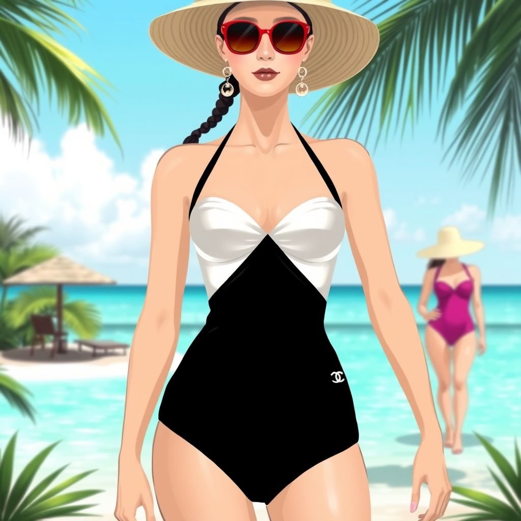 swimwear style Chanel no ruffles
Design a chic swimwear collection inspired by a luxurious vacation vibe, featuring sleek, minimalist silhouettes reminiscent of Chanel. Incorporate vibrant tropical prints and bold colors, avoiding any ruffles. Emphasize high-cut legs, flattering bandeau tops, and elegant halter necklines. Add oversized sun hats and chic cover-ups for a complete resort look.
