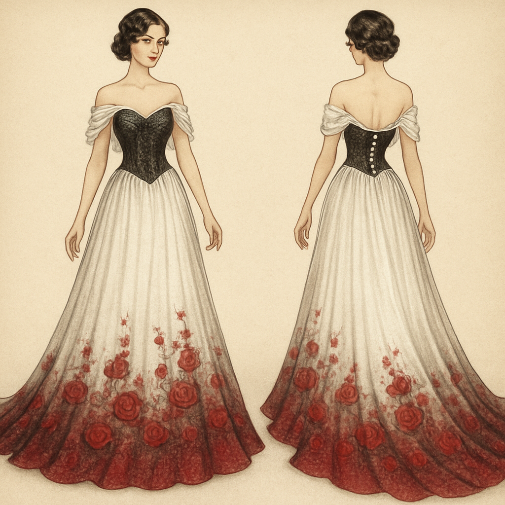 White and Black glittery wedding dress with long train. Made from chiffon, with corset top and back, with bottom fading into red with red embroidered roses. Wraparound shoulder sleeves.
White and Black glittery wedding dress with long train. Made from chiffon, with corset top and back, with bottom fading into red with red embroidered roses. Wraparound shoulder sleeves., vintage style, show front and back