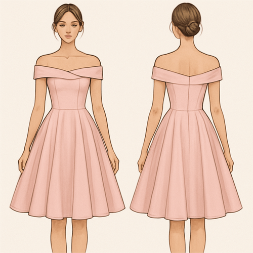 Thigh length dress with off shoulder and powder pink flair dress