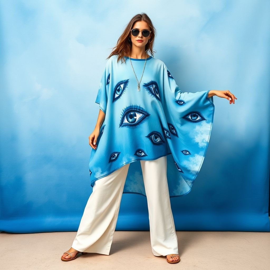 summer boho woman dark blue colors poncho which is handpainted of blue eyes in the sky
Imagine a flowy summer boho poncho, crafted from light, breathable fabric in deep azure shades. The hand-painted design features mesmerizing blue eyes scattered across the fabric, reminiscent of a tranquil sky. Paired with wide-leg linen trousers and strappy sandals, this ensemble captures ethereal summer vibes, celebrating individuality and artistic expression.