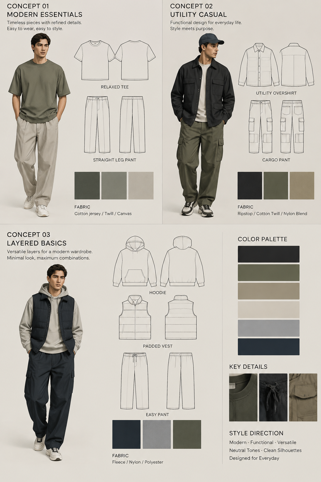 As a fashion and pattern designer focused on creativity and style, our current aesthetic leans towards menswear and basics. Please provide a few design concepts.
As a fashion and pattern designer focused on creativity and style, our current aesthetic leans towards menswear and basics. Please provide a few design concepts., casual style
