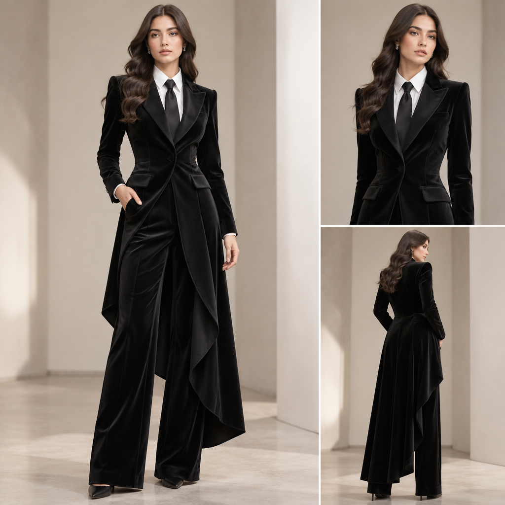 A Female Coat design, made of Velvet, with a sleek, smooth finish, with a Bodycon silhouette, styled in layers, in a Monochrome color palette, for Formal, suitable for Summer, in Formal + Elegant style, shown on a model with light skin and a slim figure. blazer suit with necktie for women. Philippines fashion aesthetics. Present it as professional fashion catalogue photography: the garment is the subject, shown full-length with editorial styling, neutral posing and tasteful, non-suggestive framing.
photorealistic fashion design, A Female Coat design, made of Velvet, with a sleek, smooth finish, with a Bodycon silhouette, styled in layers, in a Monochrome color palette, for Formal, suitable for Summer, in Formal + Elegant style, shown on a model with light skin and a slim figure. blazer suit with necktie for women. Philippines fashion aesthetics. Present it as professional fashion catalogue photography: the garment is the subject, shown full-length with editorial styling, neutral posing and tasteful, non-suggestive framing., formal style, just the design no text
