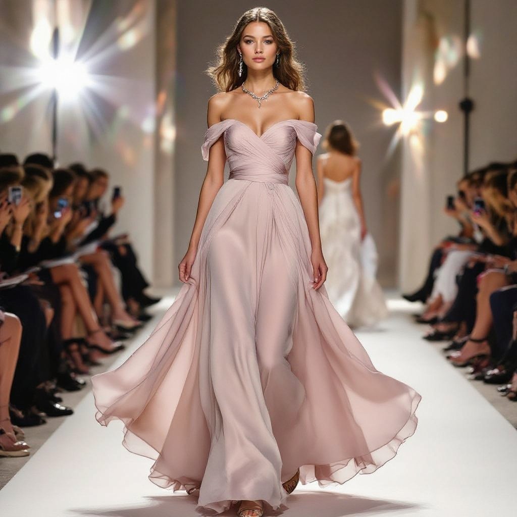 Make a dress for prom, beautiful, like a cloud with a snake necklace, hair wavy
**A flowing silk chiffon prom dress, off-the-shoulder, floor-length, with a delicate snake necklace and soft, wavy hair.**