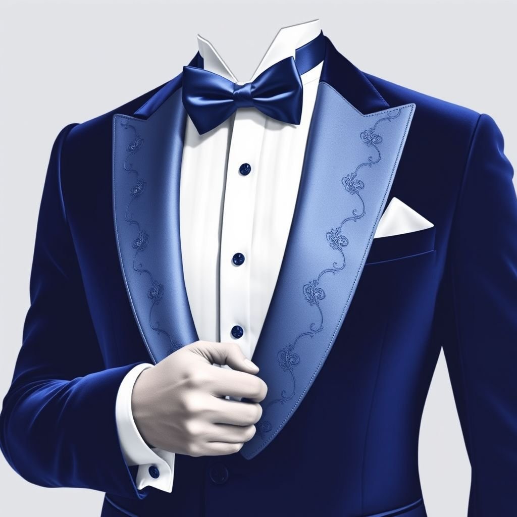 Wedding tuxedo with a deep sapphire and silver accents
Envision a sleek wedding tuxedo crafted from luxurious velvet in a deep sapphire hue. The design features elegant silver accents, including a shimmering satin lapel and ornate stitching. Tailored for a perfect fit, it includes a crisp white shirt, classic bow tie, and refined cufflinks, embodying sophistication and timeless romance.