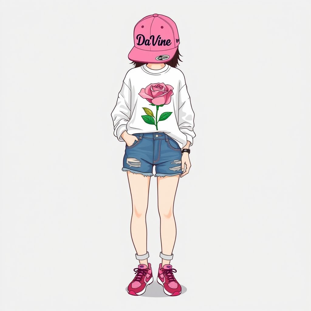 A pink Fitted Hat with the name “Da’Vine” on it. With DV on it. With a rose
Design a casual ensemble centered around a pink fitted hat adorned with the name “Da’Vine” in playful script and a stylish DV logo. Pair it with an oversized white graphic tee featuring a delicate rose illustration, distressed denim shorts, and vibrant sneakers. Add subtle accessories for an effortlessly chic look.