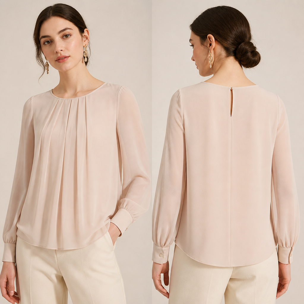A Female Top design, made of Chiffon, for Formal, suitable for Summer, in Elegant + Minimalist style. Design with modest coverage.
photorealistic fashion design, A Female Top design, made of Chiffon, for Formal, suitable for Summer, in Elegant + Minimalist style. Design with modest coverage., elegant style, just the design no text, show front and back