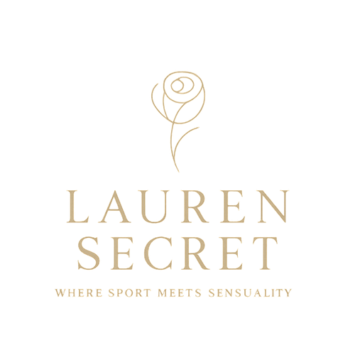 Ultra-minimal logo for a luxury women’s activewear brand named Lauren Secret. A very subtle rose symbol — delicate, abstract, almost hidden in the lines. Clean, thin strokes, inspired by fine jewelry design. Elegant serif logotype in soft gold or beige tones. The rose should feel more like an essence or outline, not a full flower. Slogan (optional): “Where sport meets sensuality.” Aesthetic: modern luxury, elegance, softness, confidence, femininity.