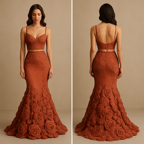 2 piece dress bottom low cut mermaid with material roses on and top is almost bra like but with design make it Tuscany but also evening 

