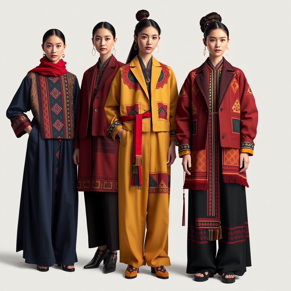 Hmong
Design a modern Hmong-inspired fashion collection that fuses traditional patterns with contemporary silhouettes. Incorporate vibrant textiles featuring intricate embroidery and bold color contrasts. Create flowing maxi dresses, tailored jackets, and oversized accessories adorned with geometric motifs, blending heritage with streetwear aesthetics. Emphasize sustainability using ethically sourced materials and local craftsmanship.