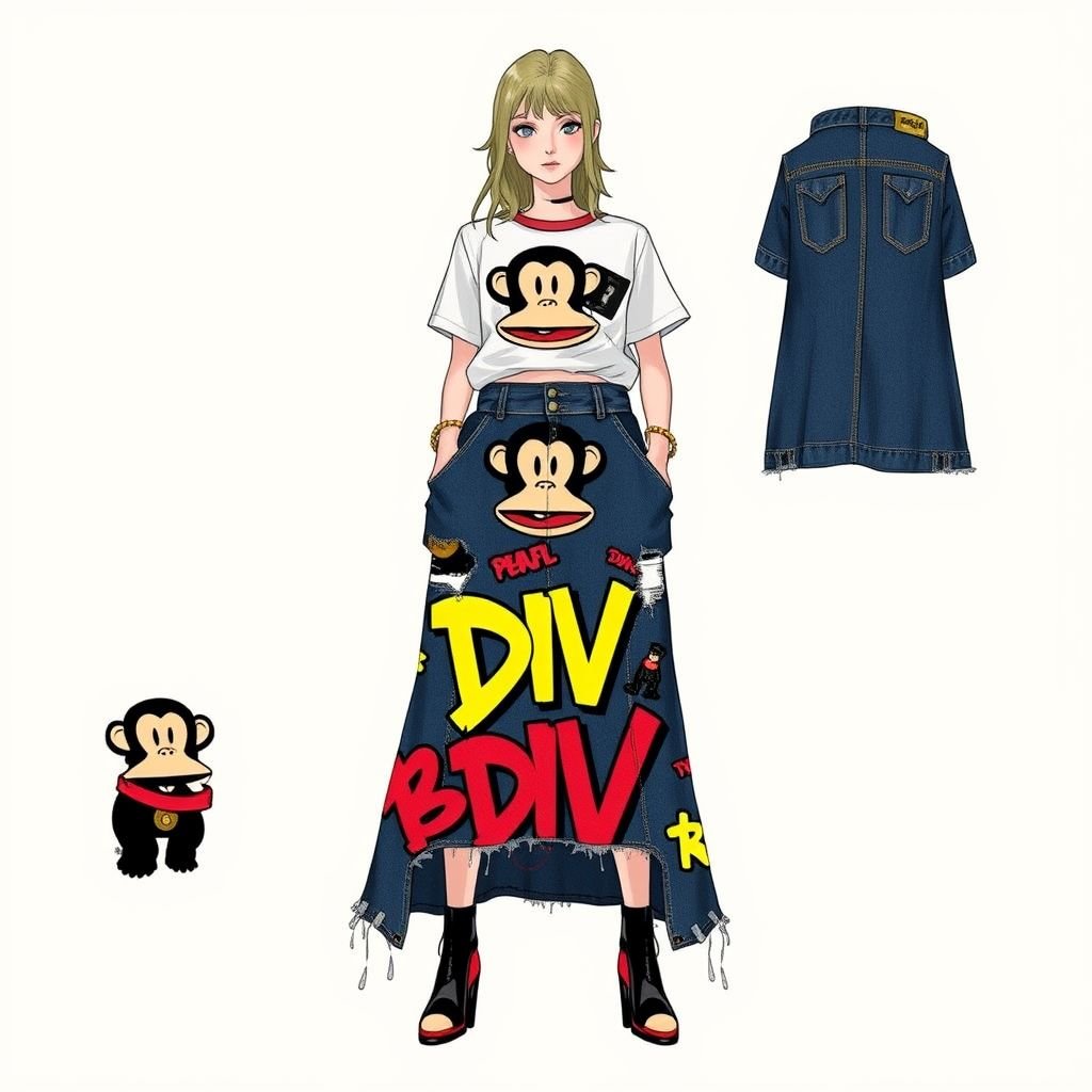 Do a collab with my brand “Da’Vine” or “DV” and “Paul frank” with the monkey symbol. Create a Maxi denim skirt and create a design for the collab on it! With “DV” somewhere on it
Design an edgy, oversized maxi denim skirt featuring a playful all-over print of Paul Frank's iconic monkey symbol, interwoven with “DV” in bold graffiti-style lettering. Incorporate distressed detailing and asymmetrical hems for an urban vibe. Add deep pockets and contrast stitching to enhance the streetwear aesthetic, perfect for layering with oversized tees.
